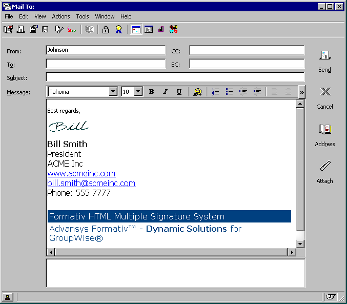 Mail message with selected signature inserted